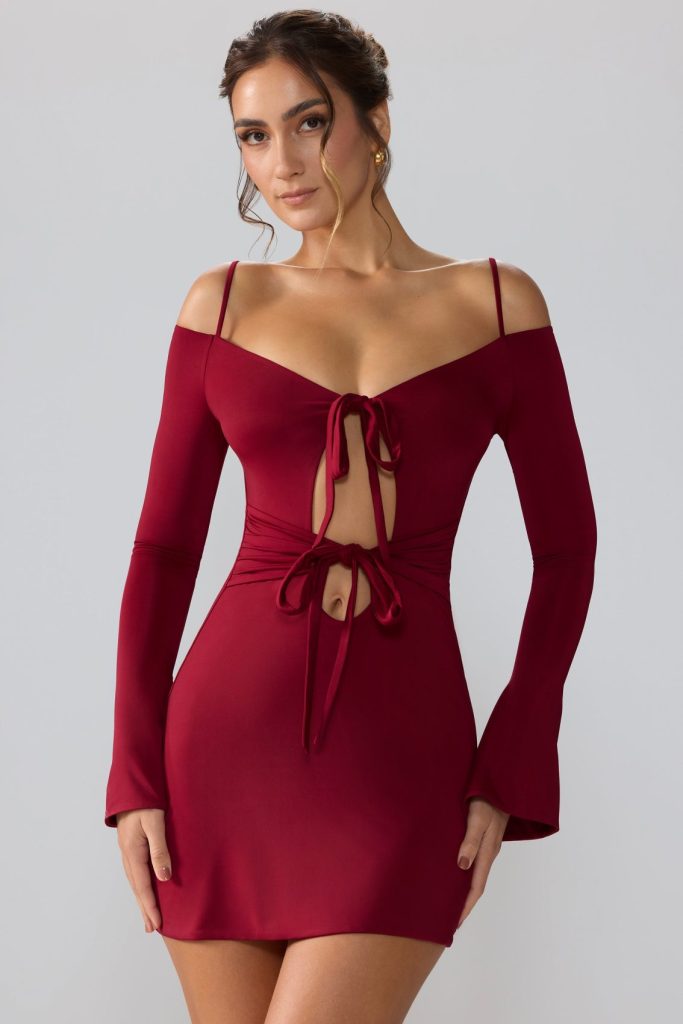 Burgundy Tie-Front Mini Dress