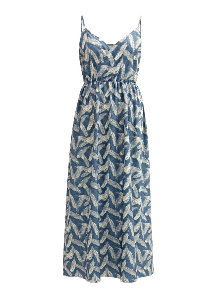 Blue Feather Print Maxi Dress