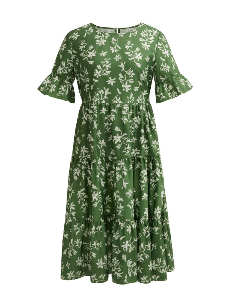 Green Floral Short-Sleeve Midi Dress