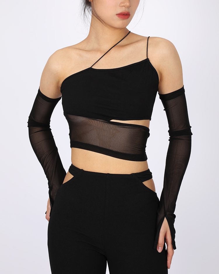 Black One-Shoulder Mesh Cutout Top