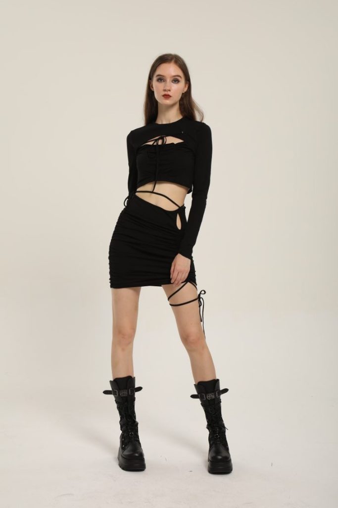 Black Long-Sleeve Lace-Up Mini Dress