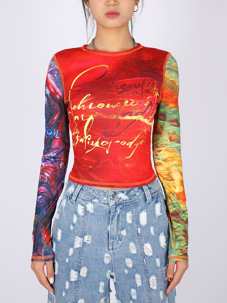 Script Print Graphic Long-Sleeve Top