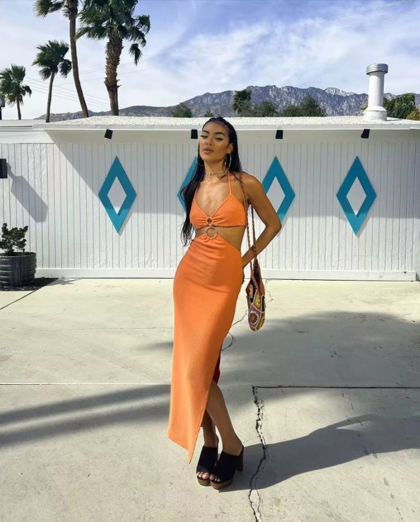 Orange Plunge Halter Midi Dress