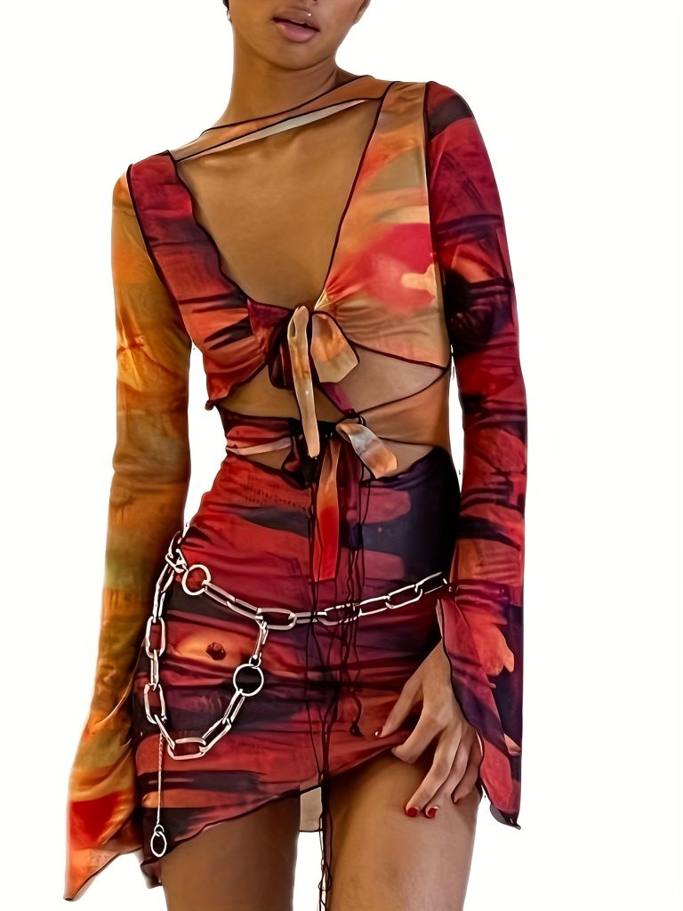 Coral Abstract Long-Sleeve Midi Dress