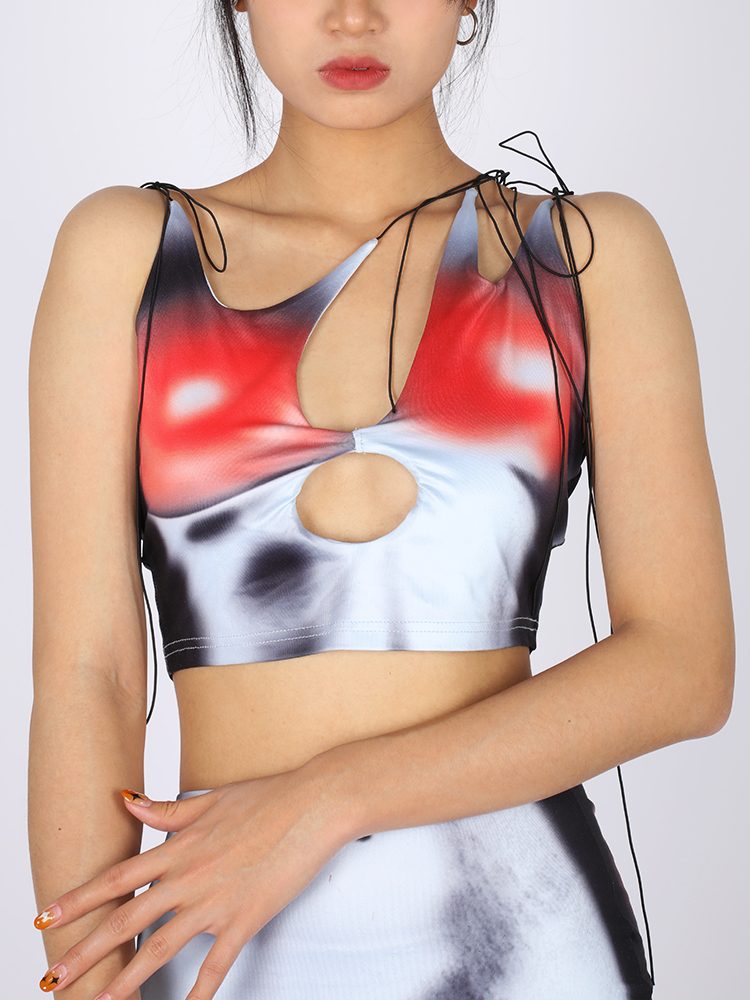 Red Abstract Halter Crop Top