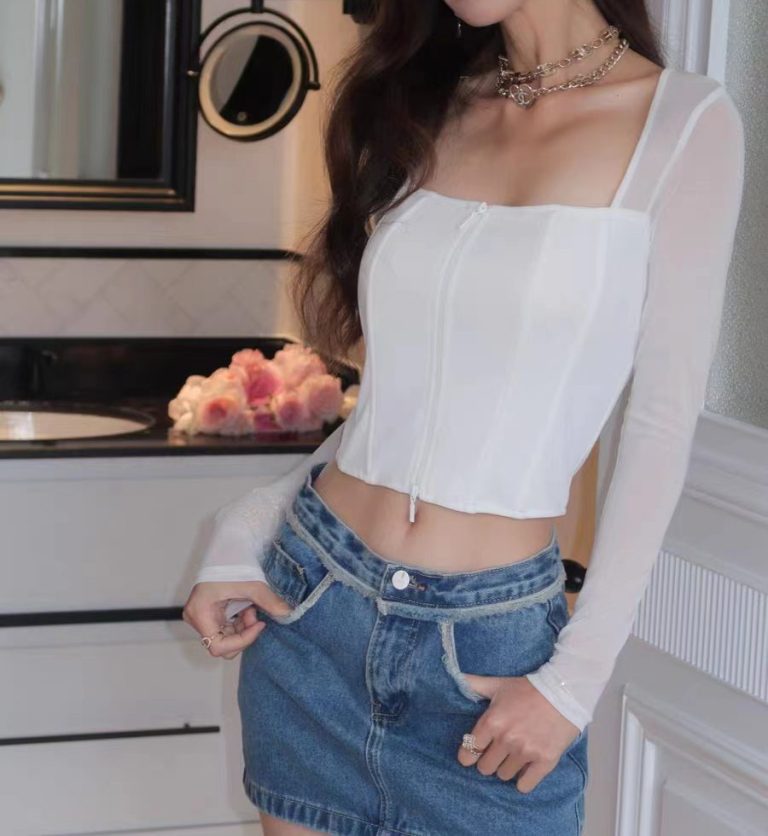 White Zip-Front Long-Sleeve Crop Top