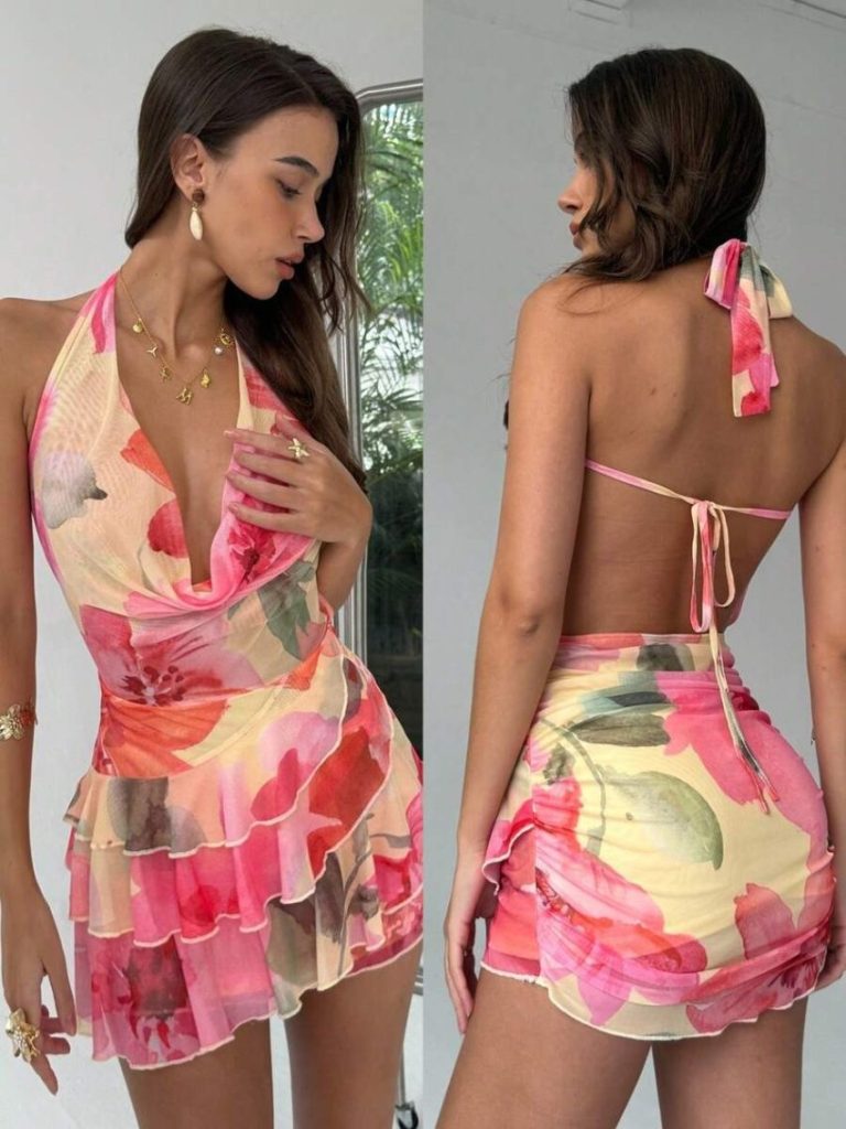Floral Cowl Ruched Mini Dress