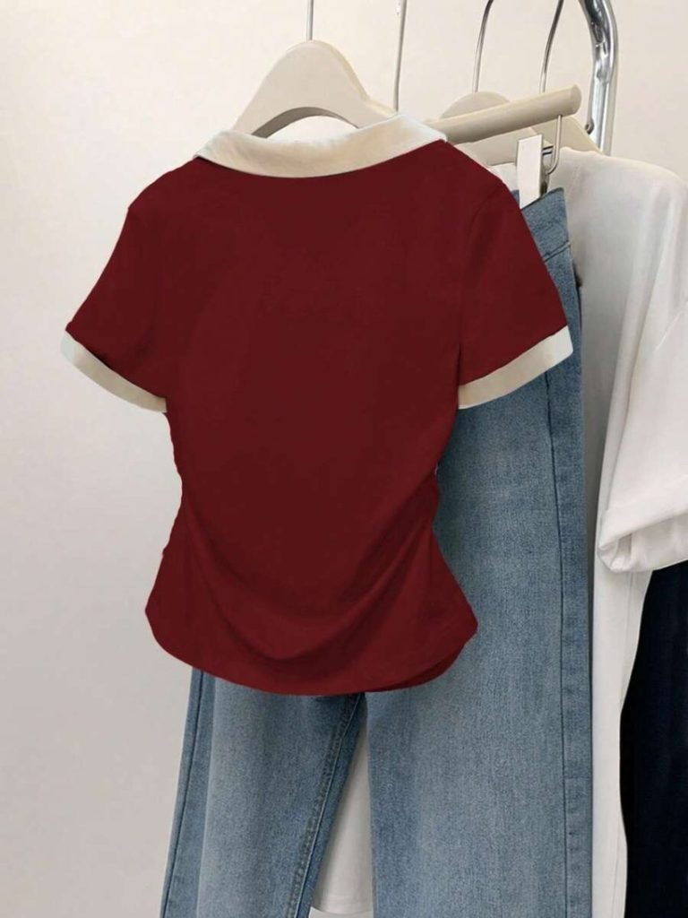 Burgundy Ruched Contrast Collar Top