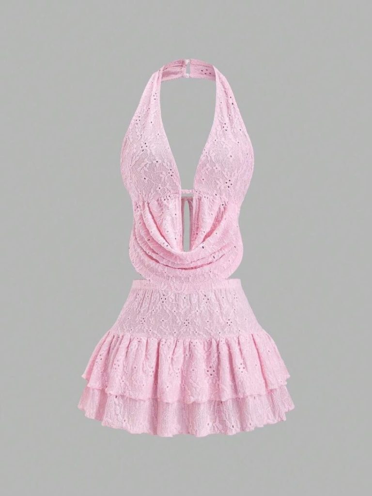 Pink Eyelet Lace Swimsuit Set