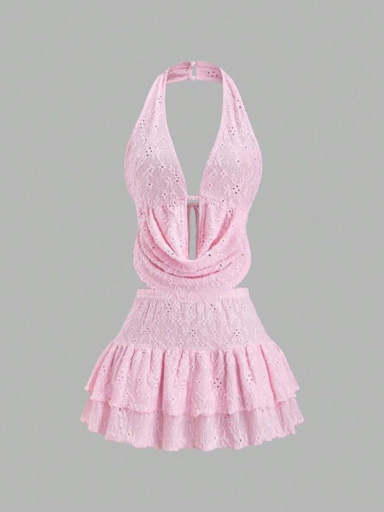 Pink Eyelet Lace Swimsuit Set