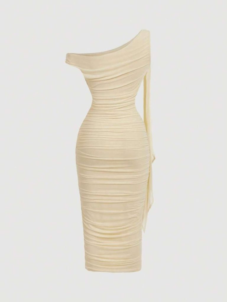 One-Shoulder Ruched Mesh Midi Dress