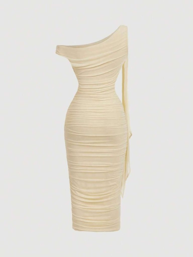 One-Shoulder Ruched Mesh Midi Dress