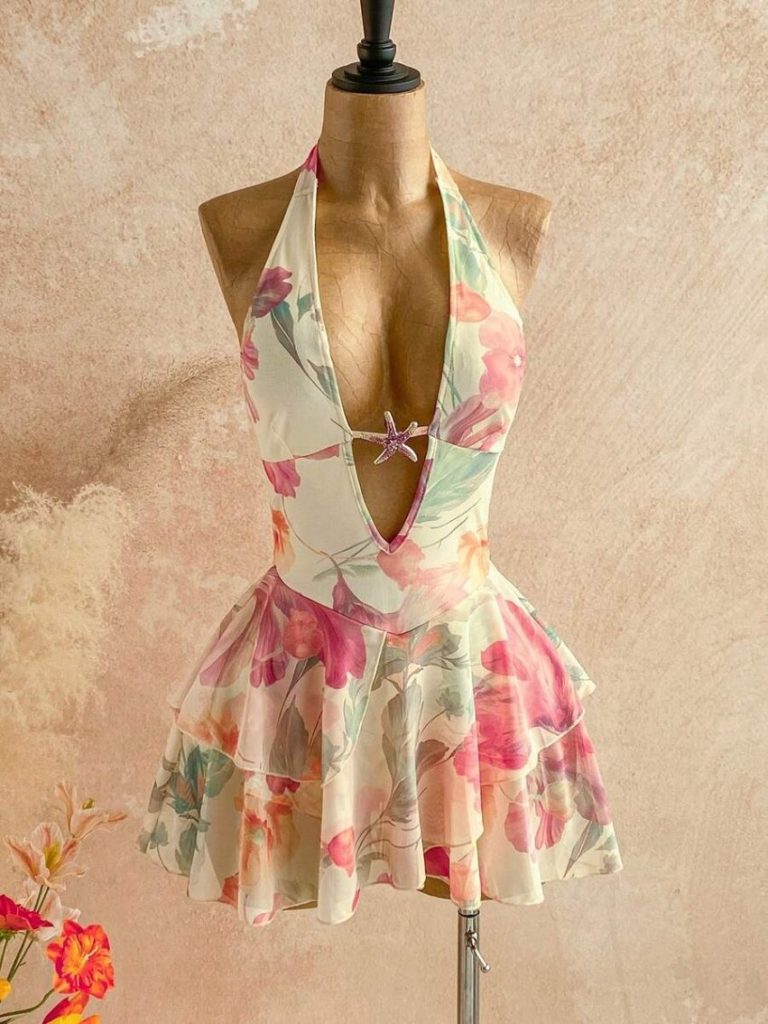 Floral Halter Tiered Mini Dress