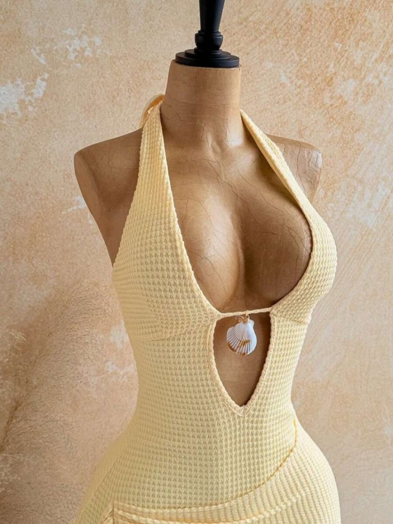 Beige Plunge Halter Mini Dress