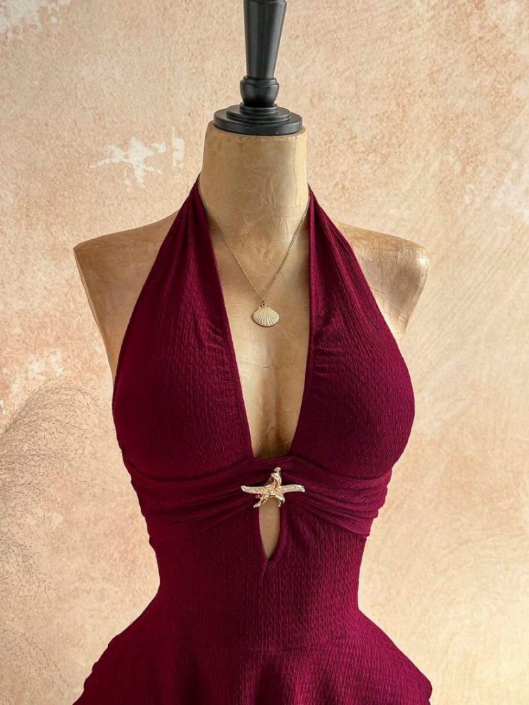 Burgundy Halter Tiered Ruffle Dress
