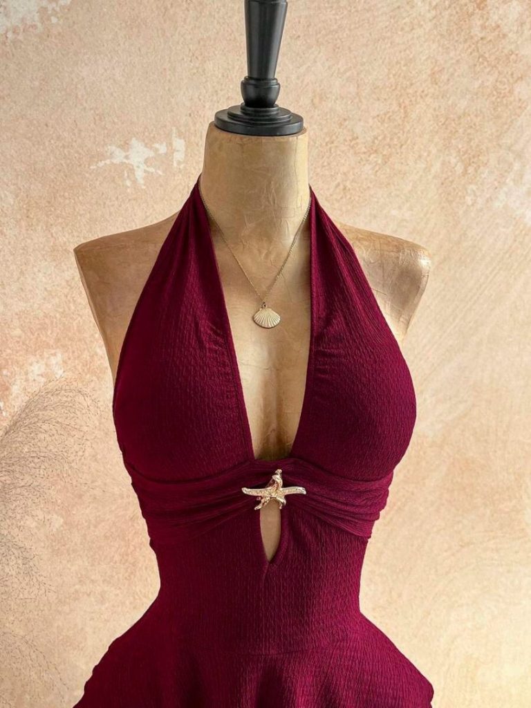 Burgundy Halter Tiered Ruffle Dress