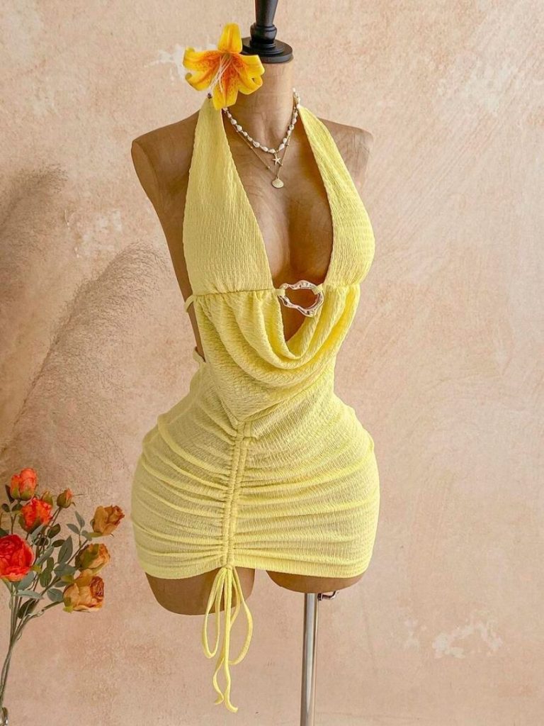 Yellow Knit Halter Mini Dress