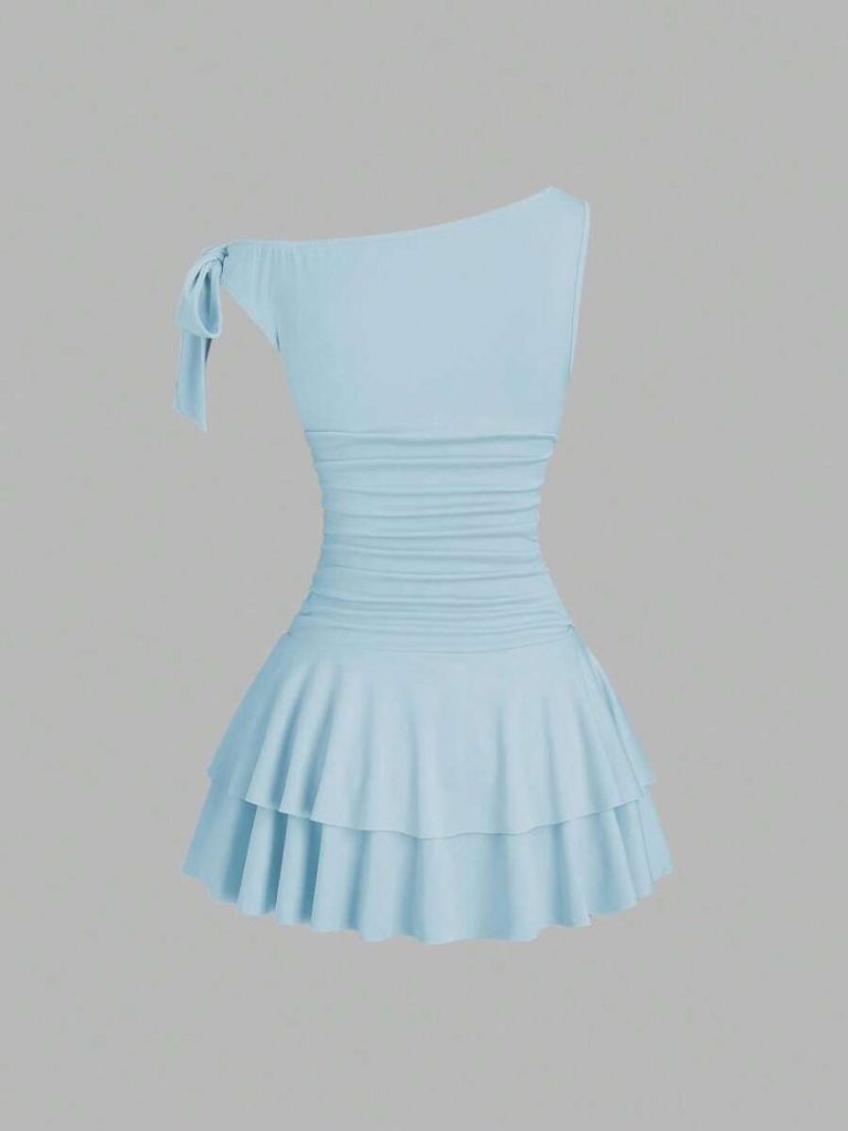 One-Shoulder Ruched Tiered Mini Dress