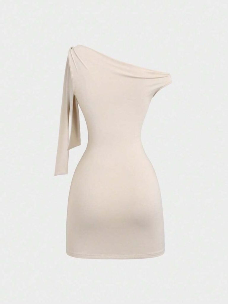 Beige Satin Ruched Mini Dress