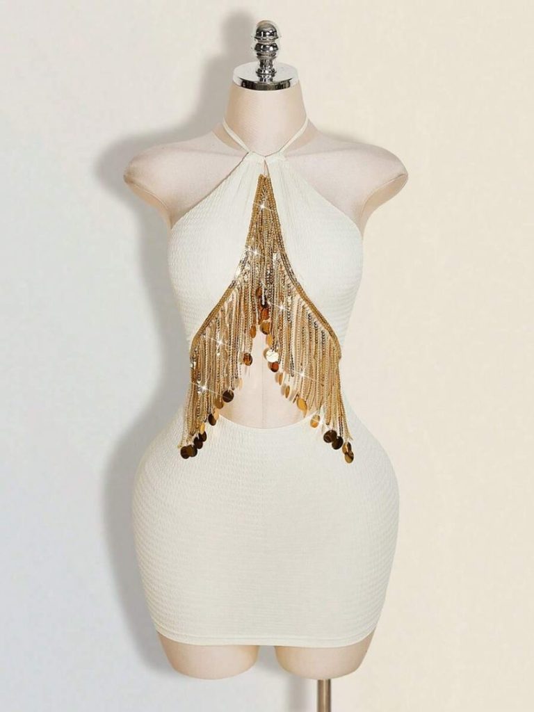 Halter Sequin Fringe Mini Dress