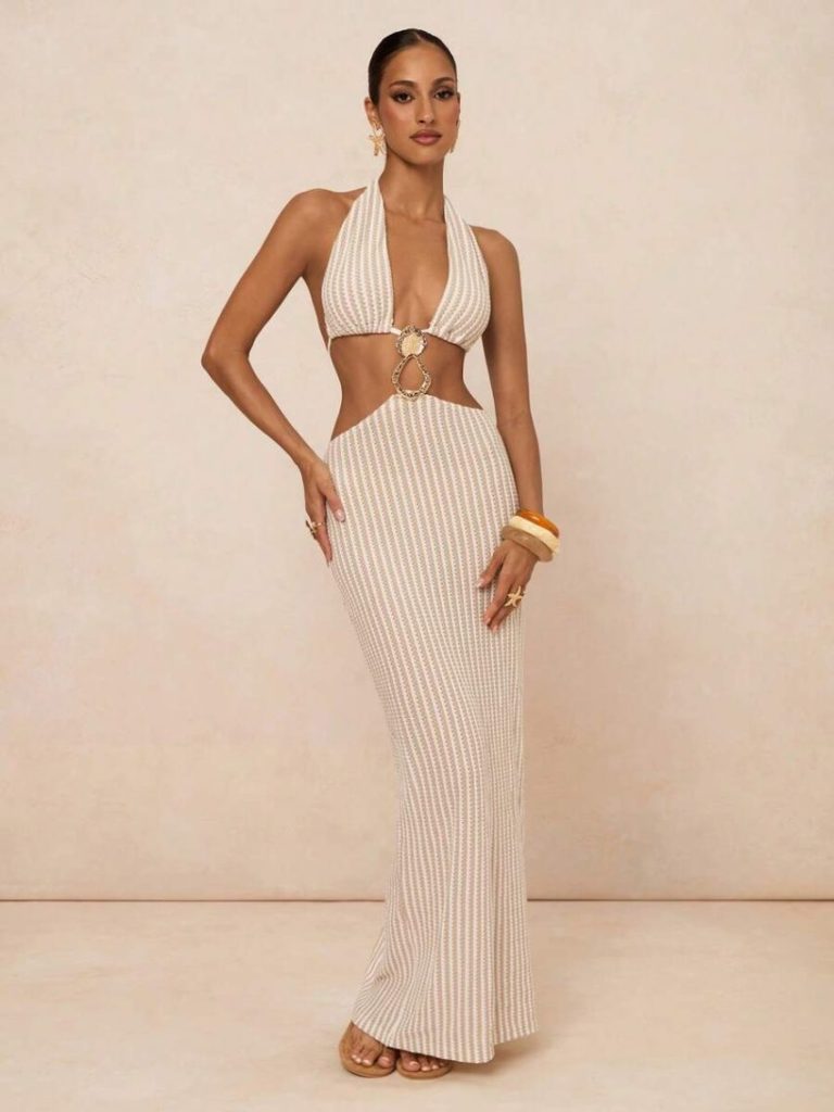 Striped Cutout Halter Maxi Dress