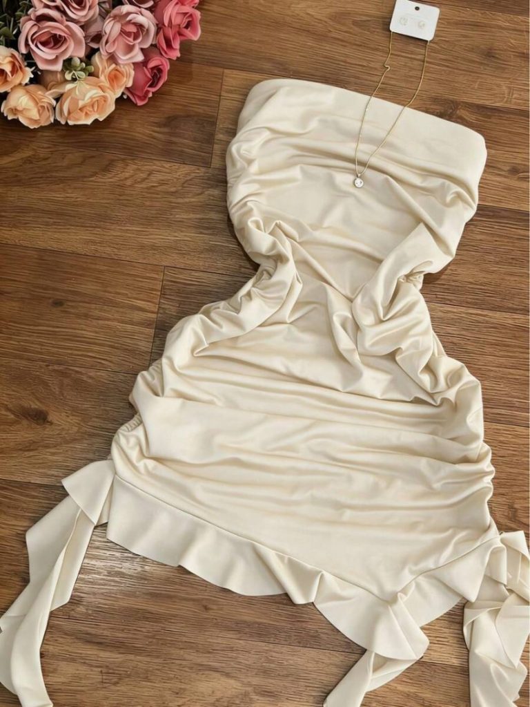 Beige Strapless Ruched Mini Dress