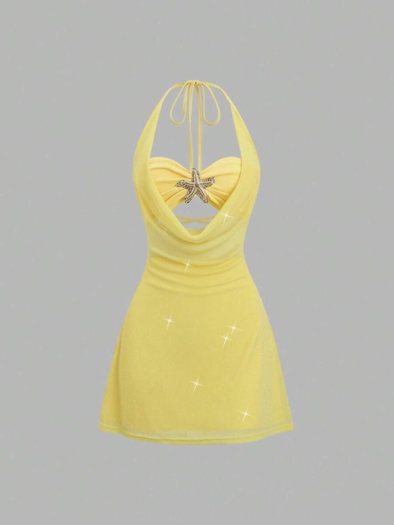Yellow Cowl Neck Halter Dress