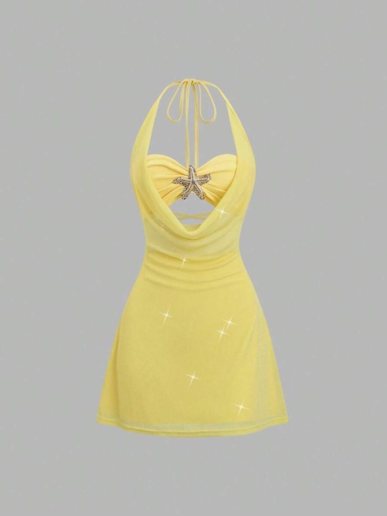 Yellow Cowl Neck Halter Dress