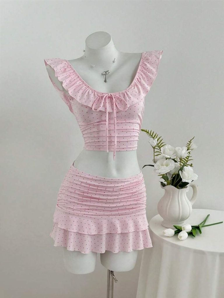 Pink Polka Dot Ruffled Skirt Set
