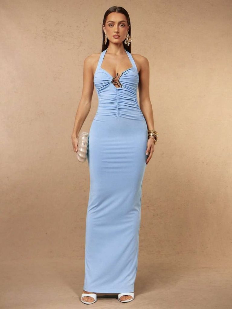 Blue Halter Ruched Maxi Dress
