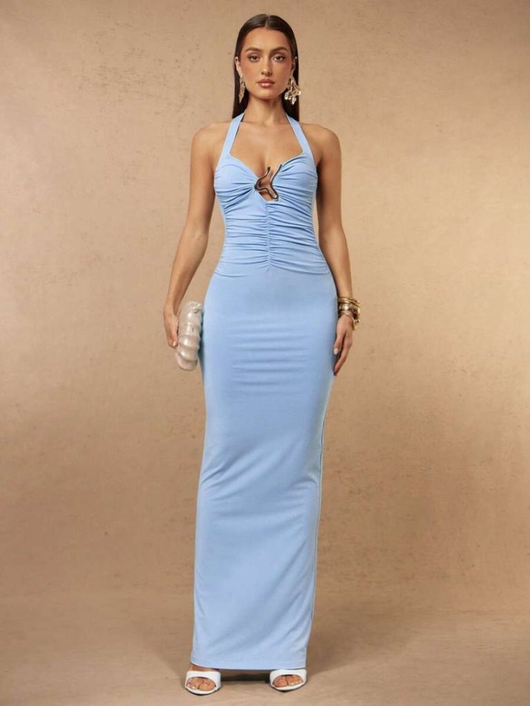 Blue Halter Ruched Maxi Dress