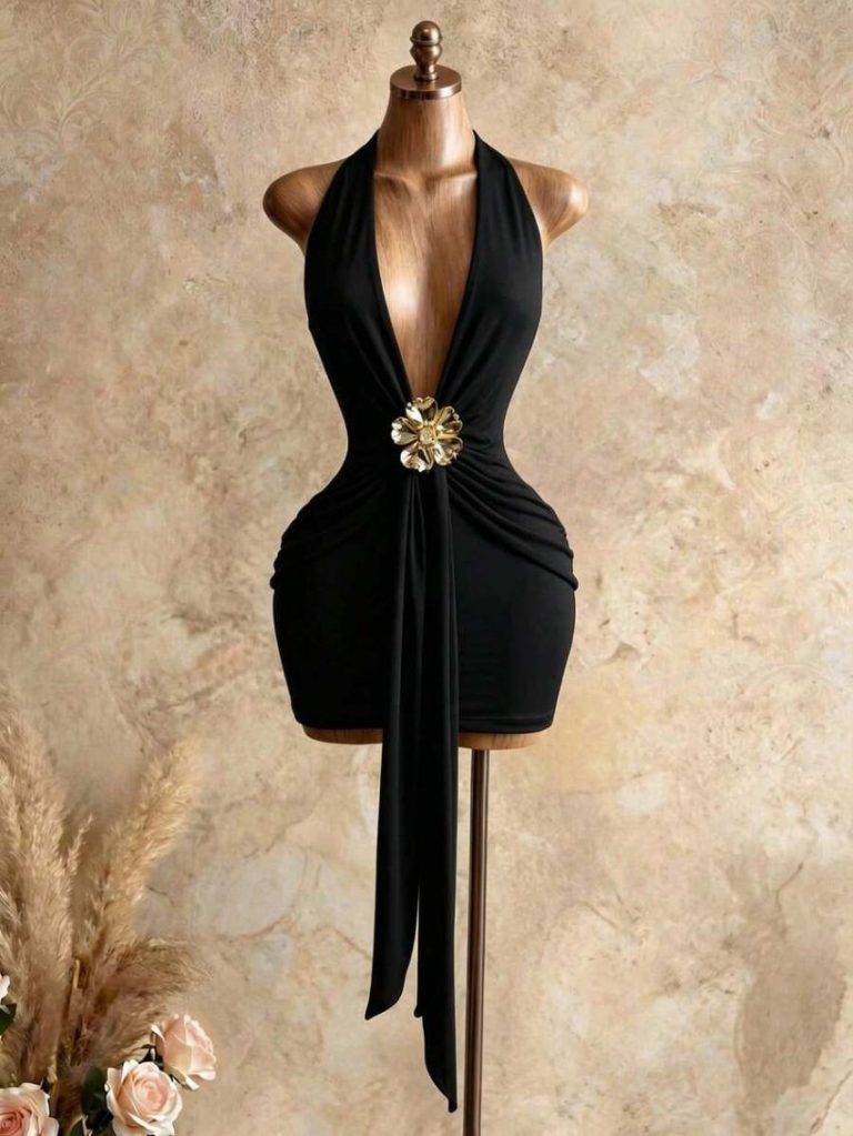 Black Halter Draped Mini Dress