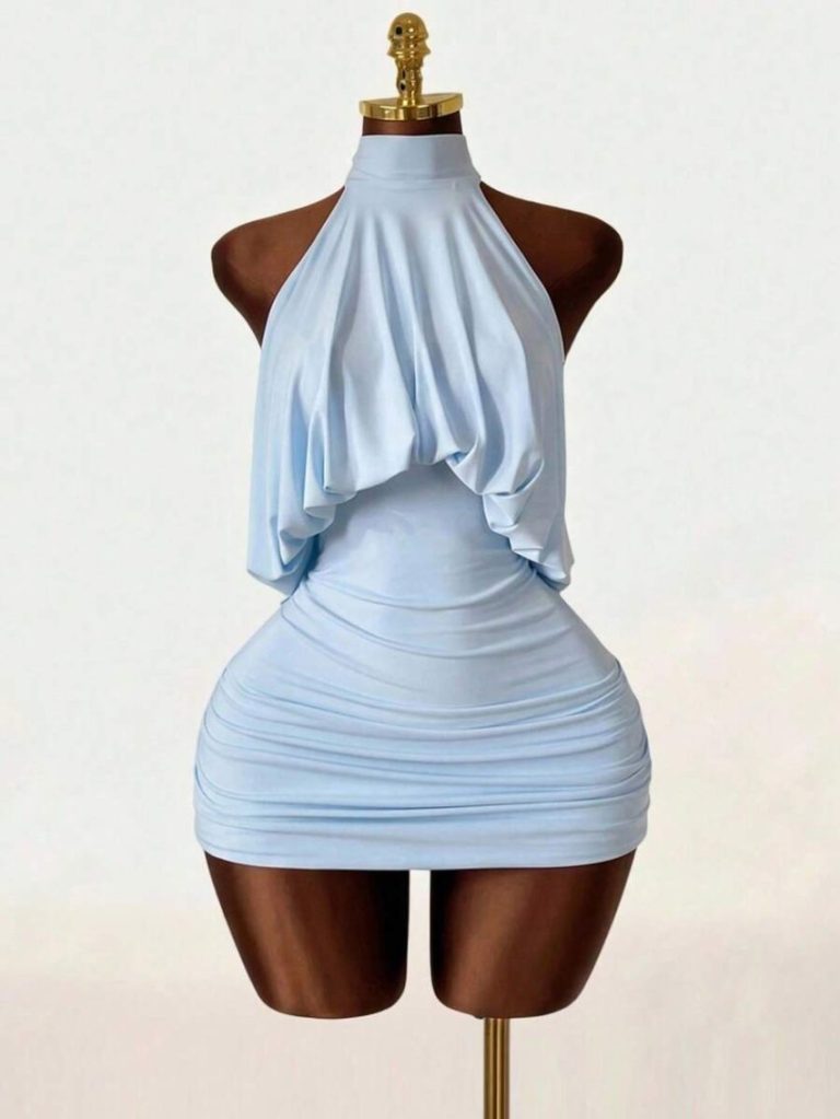 Blue Halter Ruffle Mini Dress