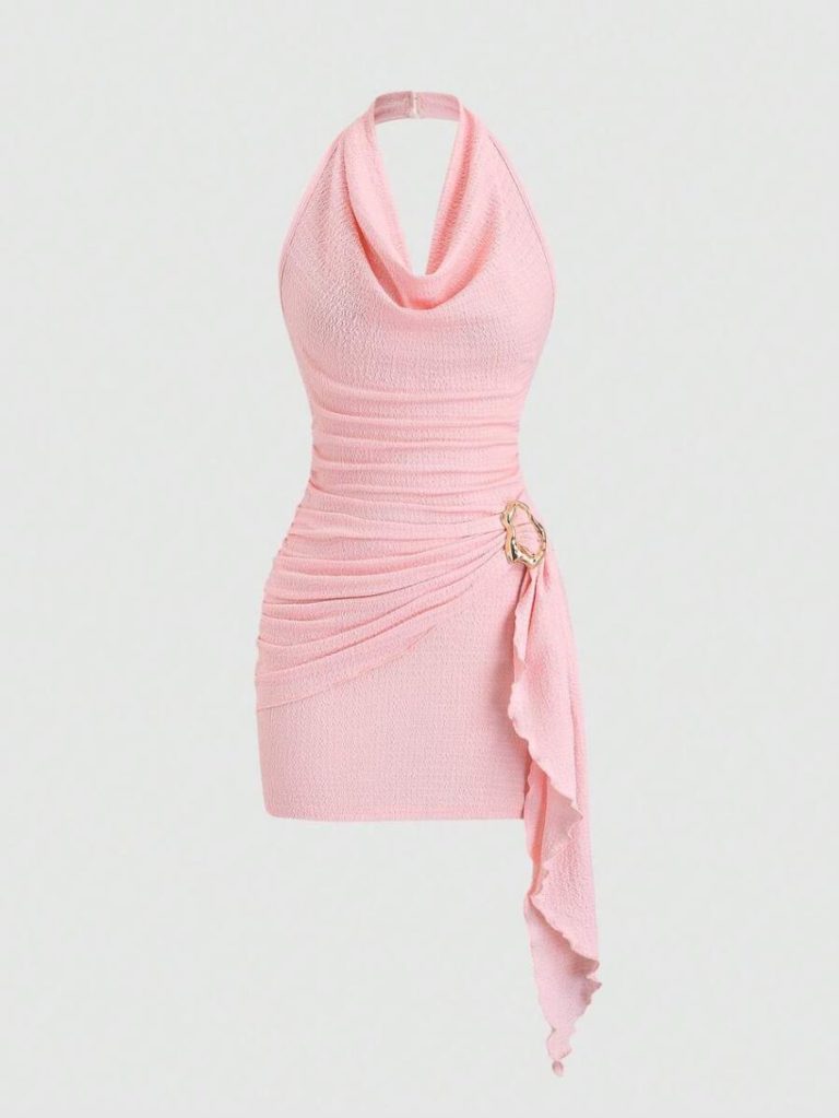 Pink Cowl Neck Halter Dress