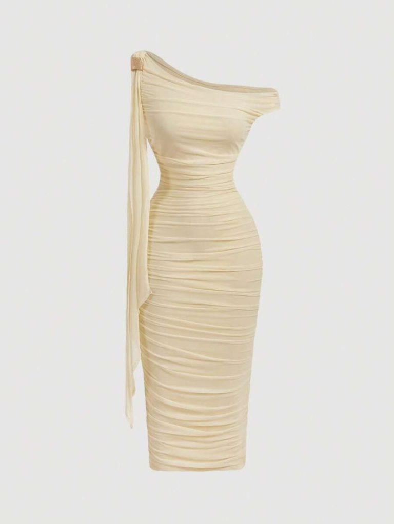 Beige One Shoulder Ruched Midi Dress