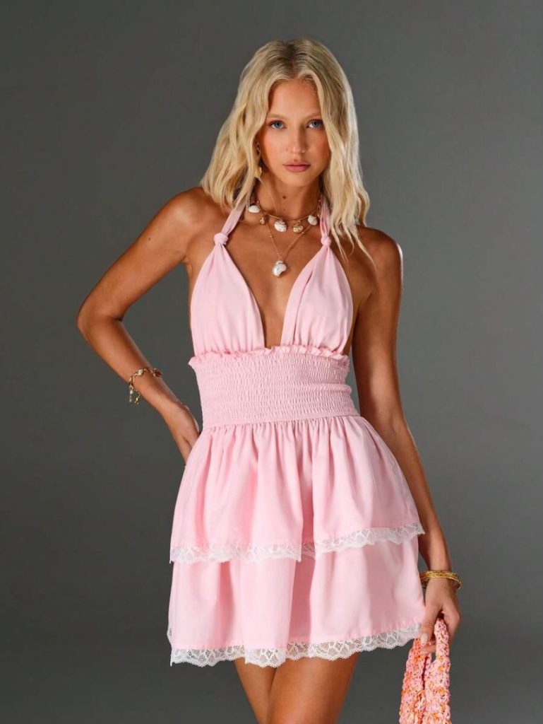 Pink Lace Ruffle Mini Dress