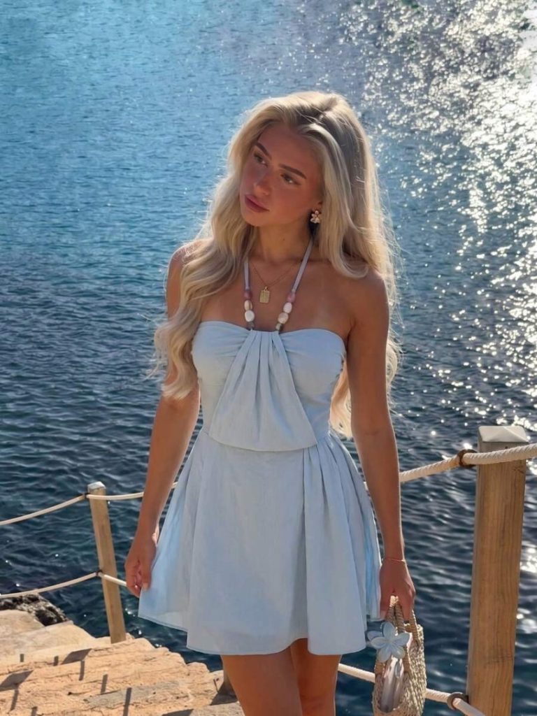 Blue Bow Strapless Mini Dress