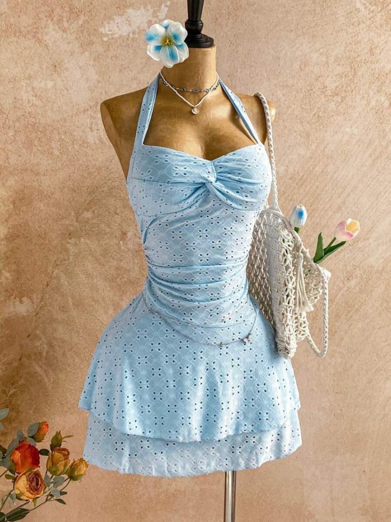 Eyelet Halter Tiered Mini Dress