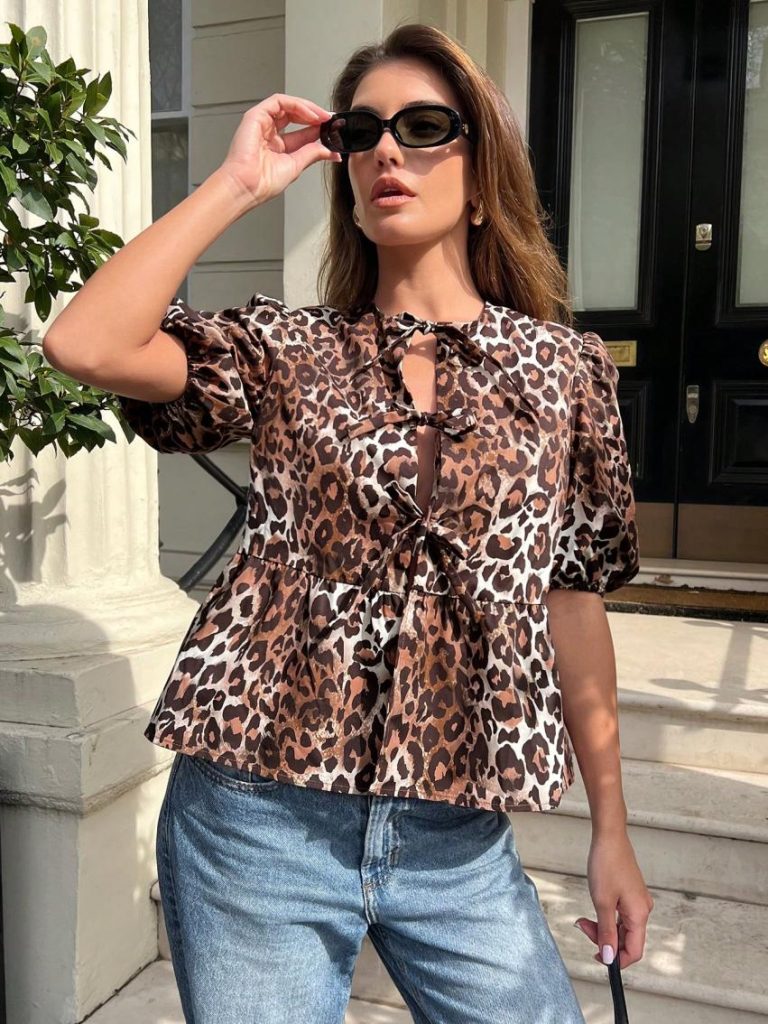 Leopard Puff-Sleeve Peplum Top