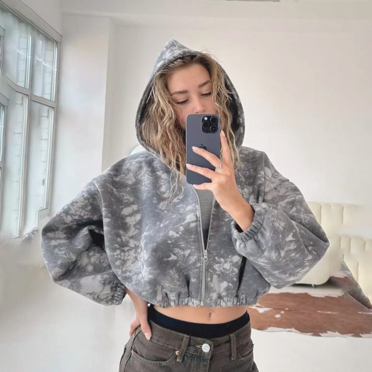 Grey Tie-Dye Crop Zip Hoodie