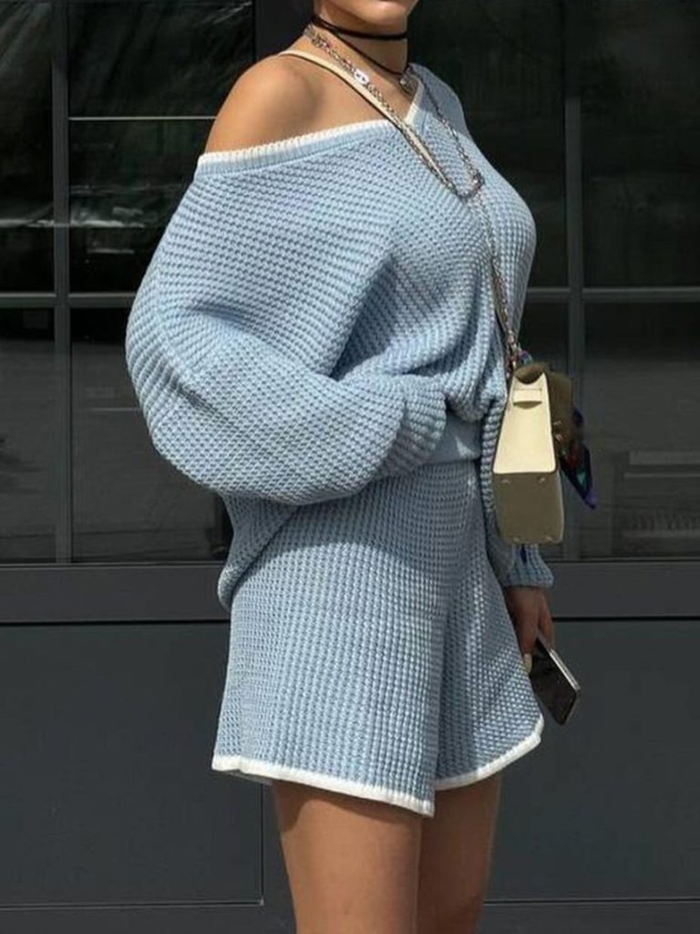 Blue Off-Shoulder Knit Skirt Set