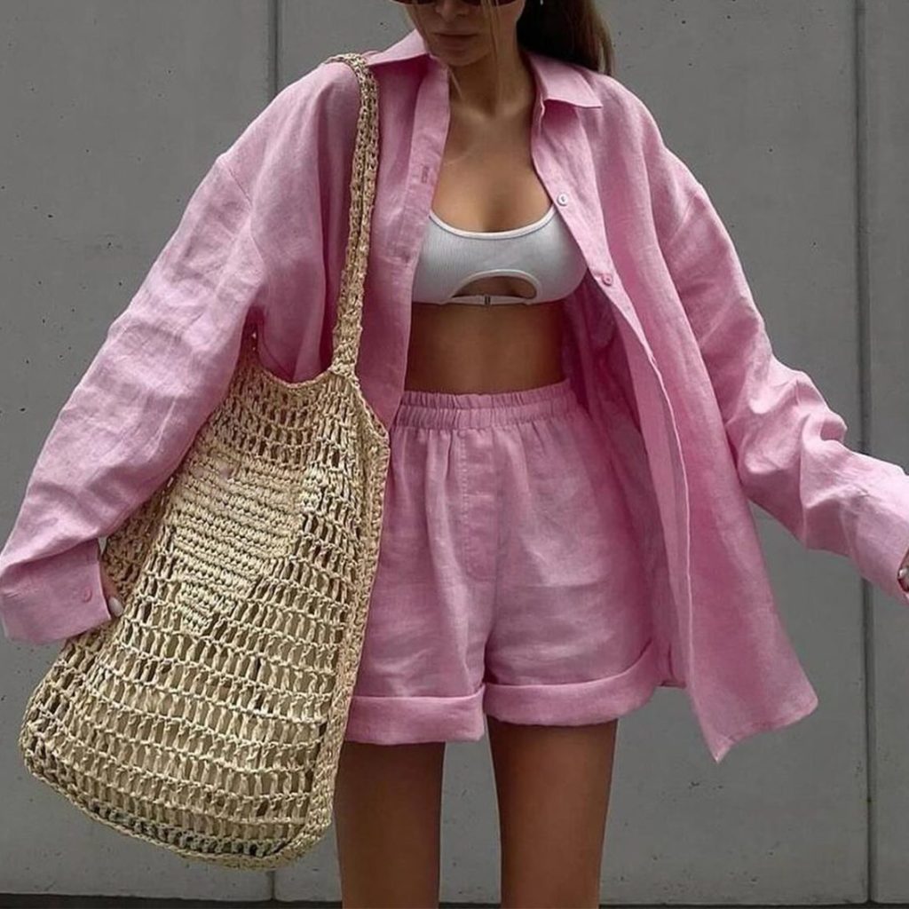 Pink Linen Halter Romper Set