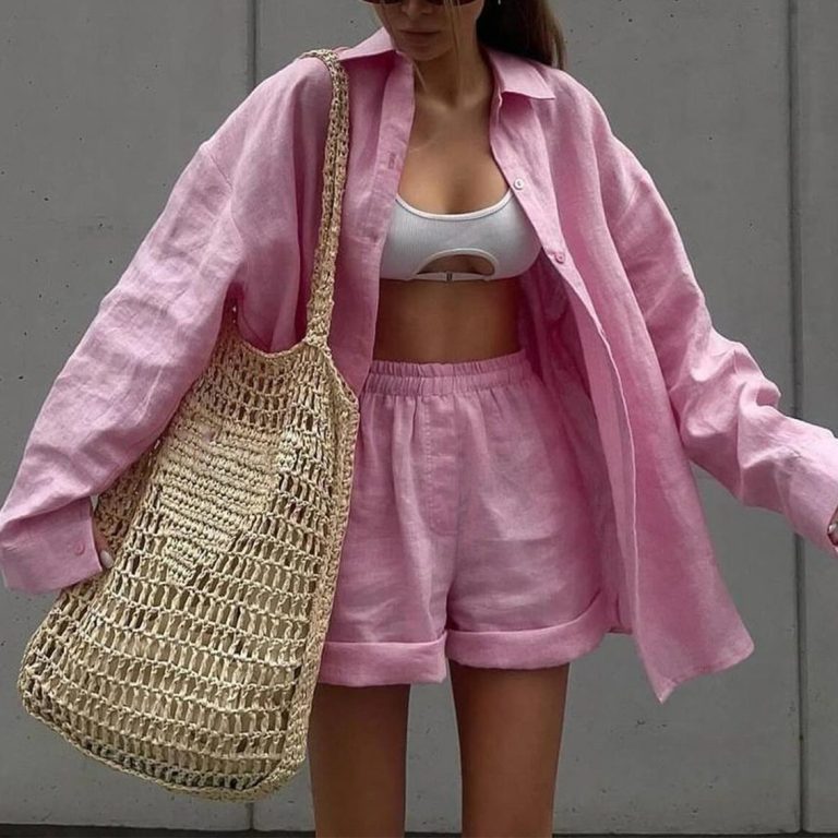 Pink Linen Halter Romper Set