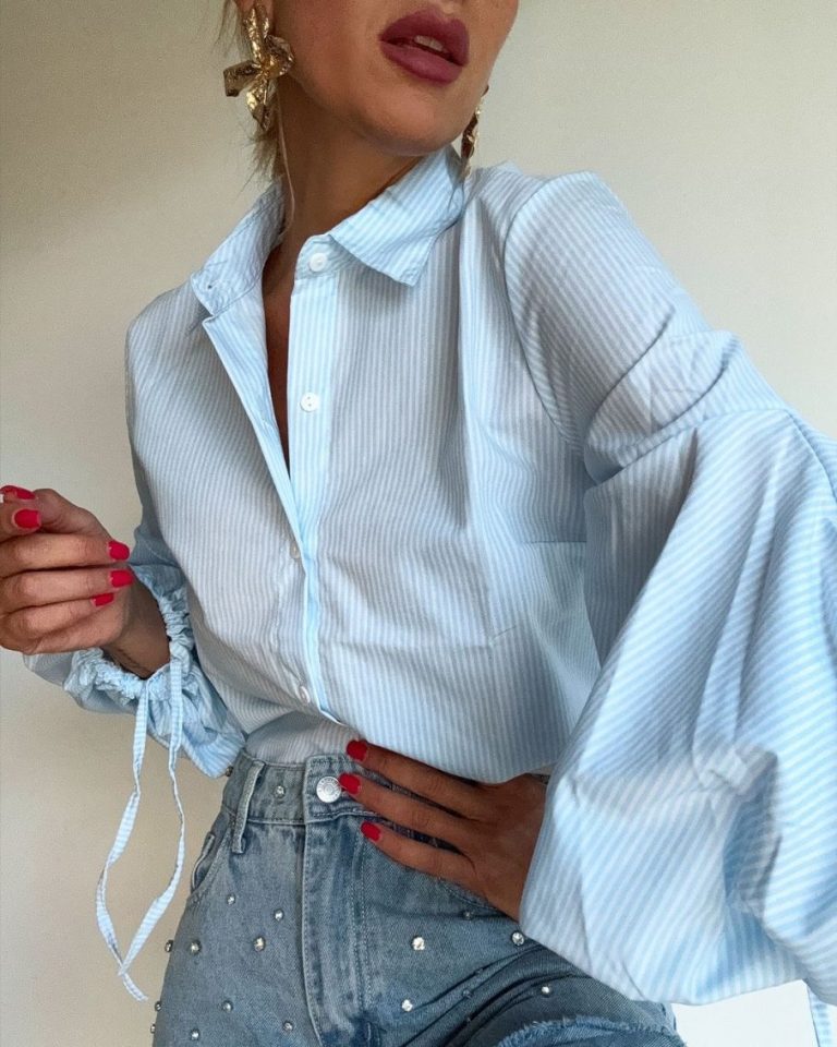 Blue Stripe Puff-Sleeve Blouse