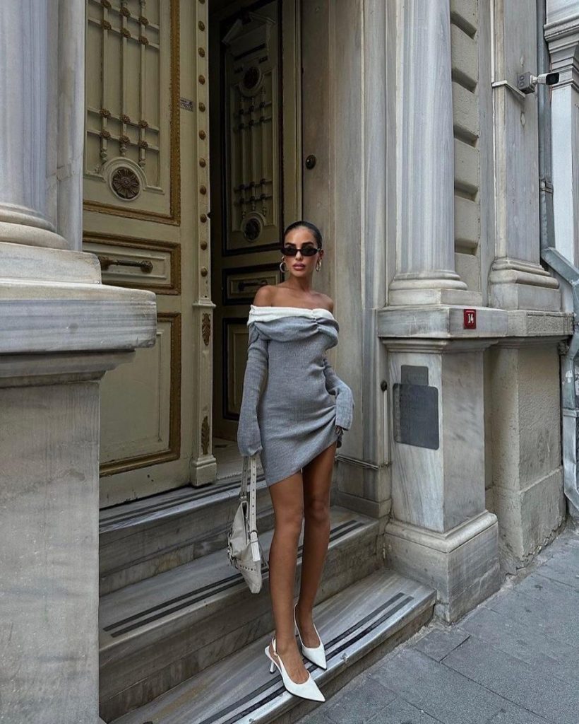 Grey Off-Shoulder Sweater Dress