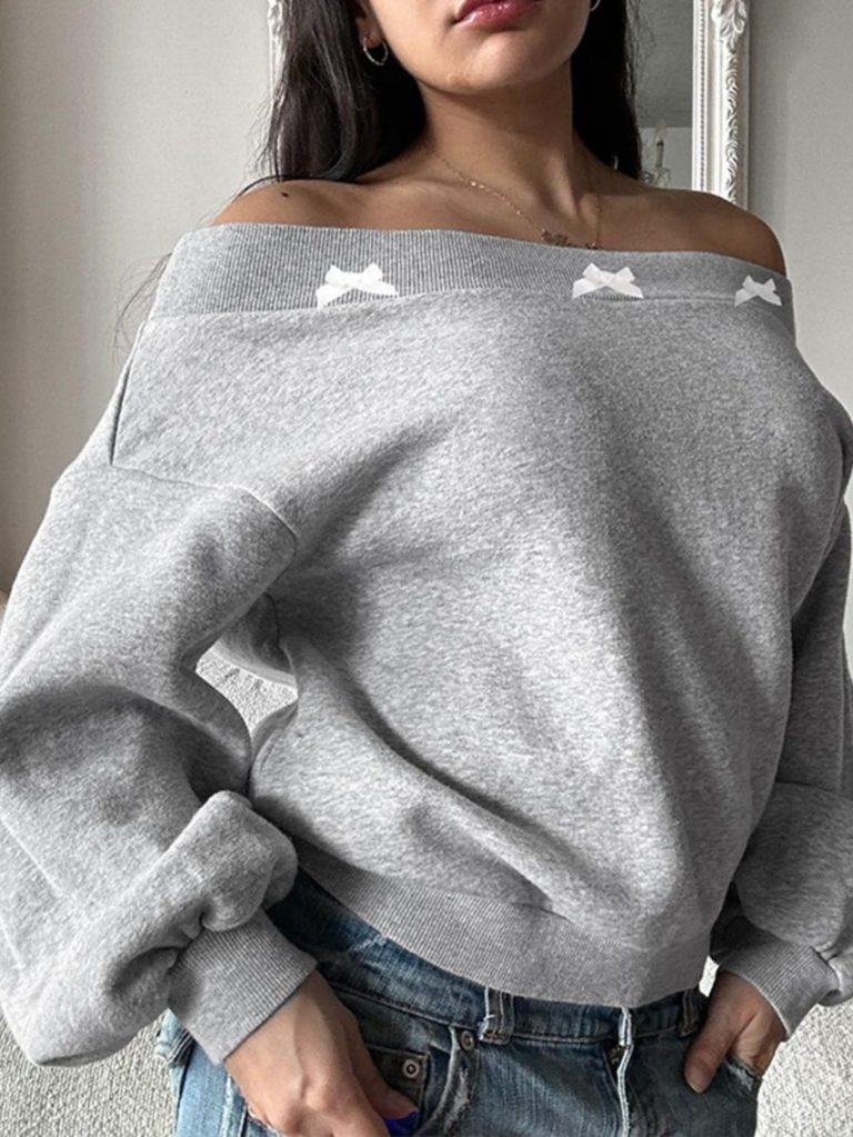 Grey Off-Shoulder Bow Sweatshirt
