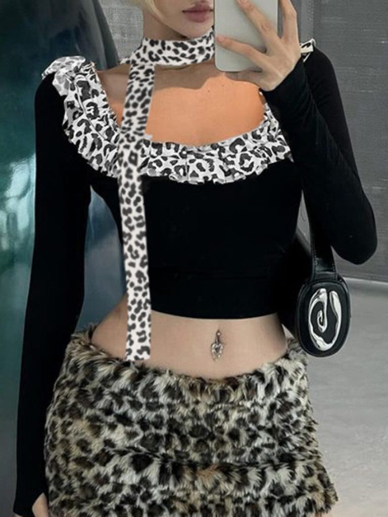 Leopard Halter Contrast-Trim Top