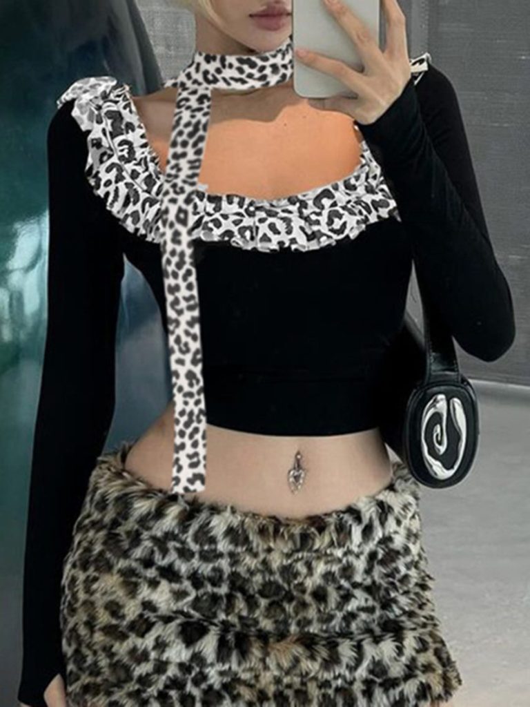 Leopard Halter Contrast-Trim Top