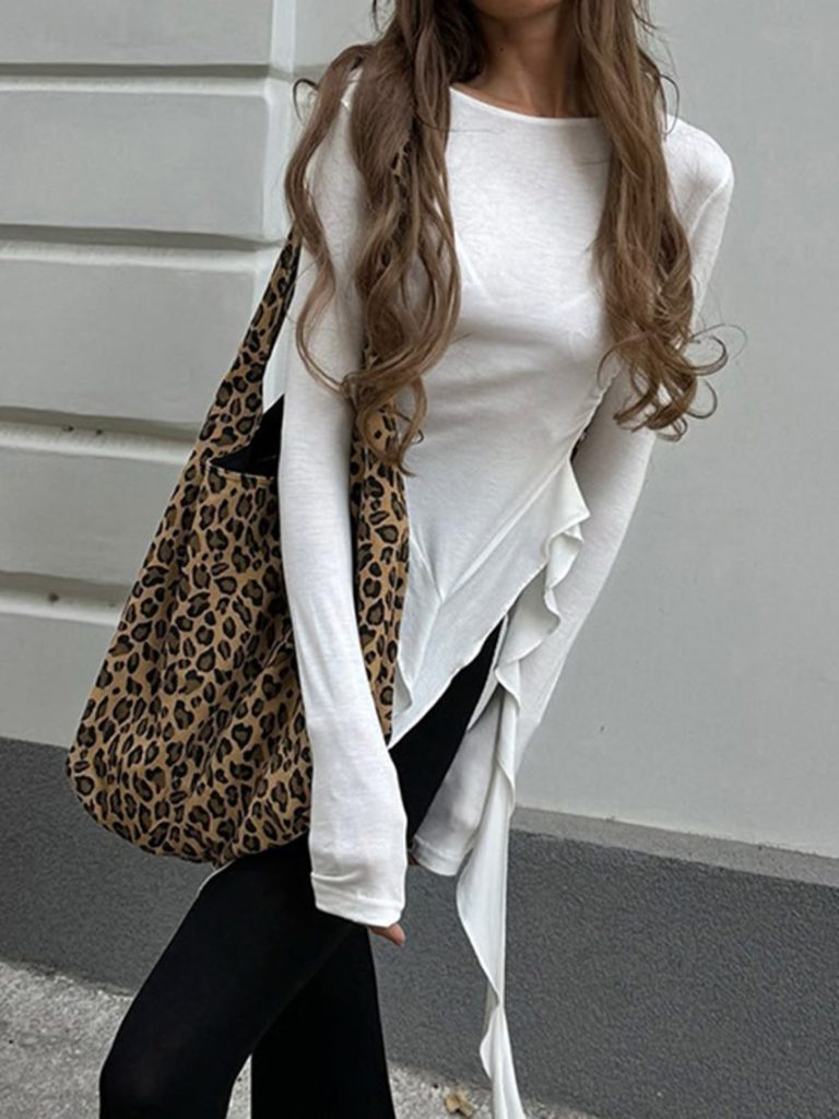 White Ruffle Asymmetric Hem Top